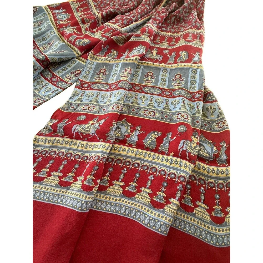 Red Silk Scarf With Paisley global-inspired Print 68” X 20” Artsy Historical EUC